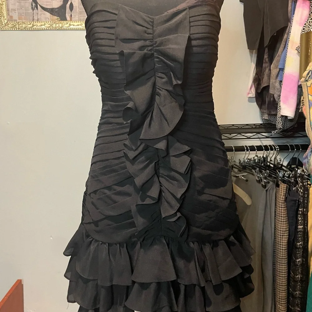 Black Strapless Ruched Ruffled Mini Dress - Picture 1 of 4